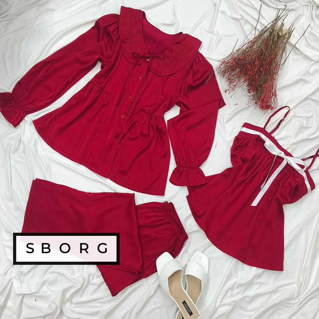 Set đồ ngủ SBORG bộ ngủ lụa latin áo khoác dài tay họa tiết phối áo 2 dây dễ thương và quần dài có túi freesize 65kg