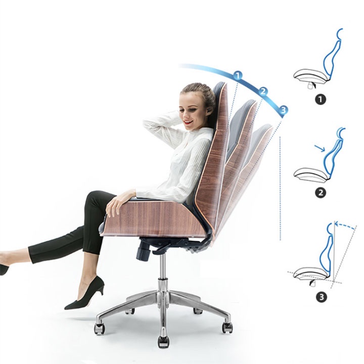 Ghế giám đốc da bò lưng ốp gỗ cao cấp có tựa đầu BJ732, Ghế xoay văn phòng công thái học lưng ốp gỗ chống mỏi lưng BJ73