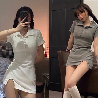 Váy polo trơn tay ngắn cổ sơ mi nữ thun gân