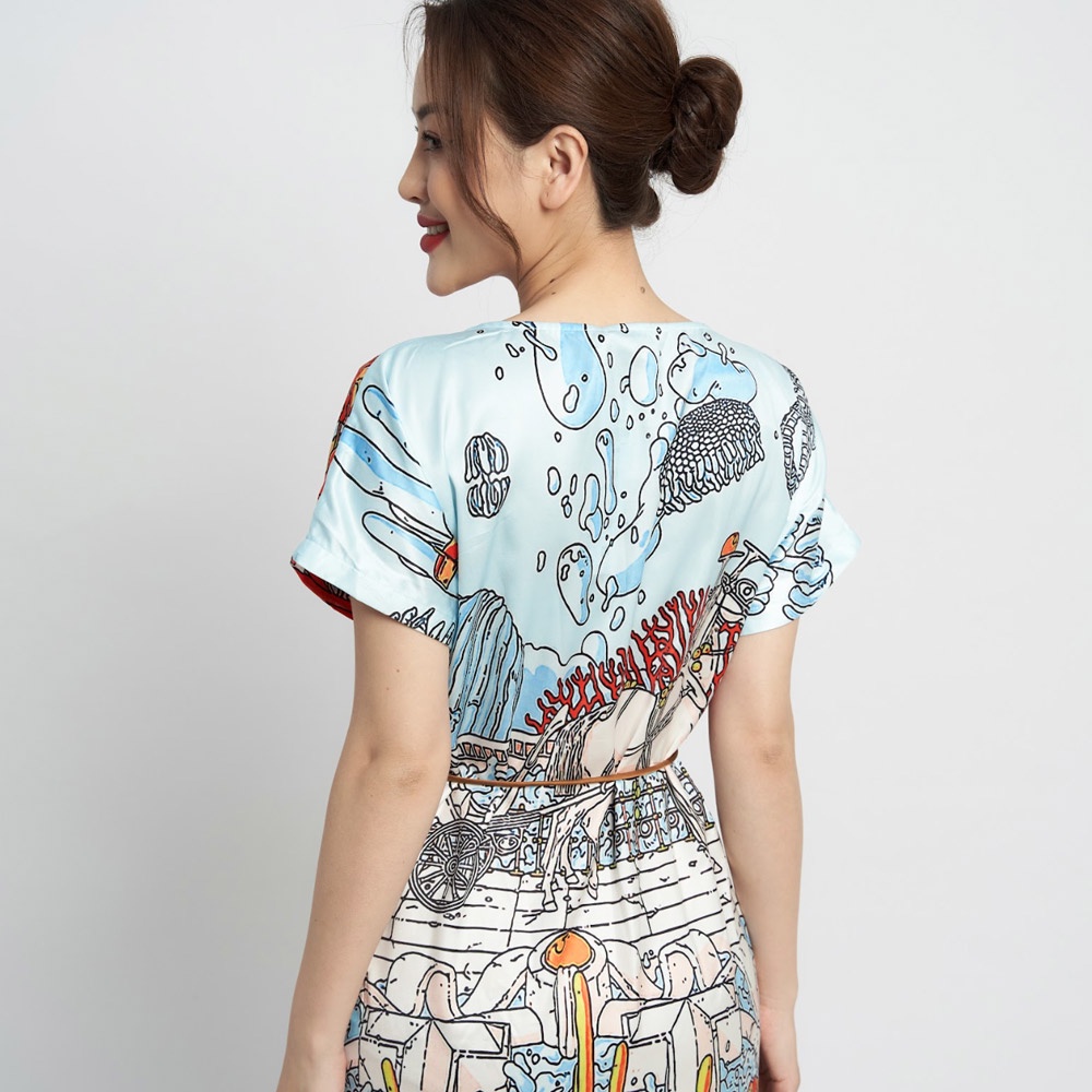 Đầm Xuông Xẻ Tà Hecci Họa Tiết Biển Kèm Đai Thắt Eo V209