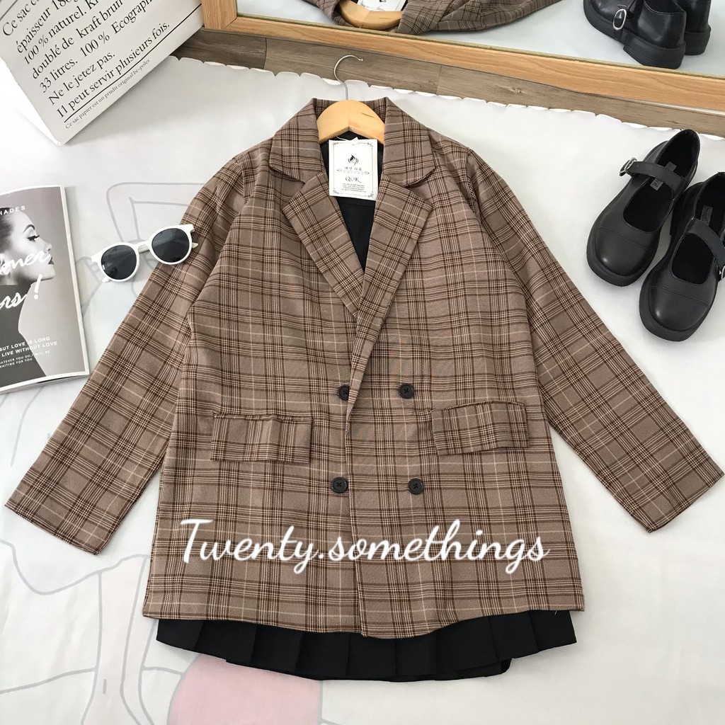 ÁO BLAZER KẺ NÂU VINTAGE 2 LỚP ( ảnh thật/ video/ sẵn)