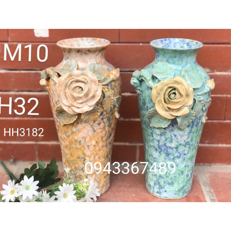 Lọ hoa sứ Bát Tràng cao 32cm, ĐK miệng 10cm, men hỏa biến, hoa đắp nổi