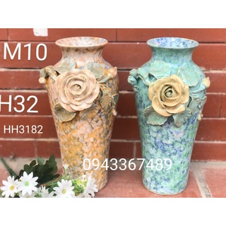 Lọ hoa sứ Bát Tràng cao 32cm, ĐK miệng 10cm, men hỏa biến, hoa đắp nổi
