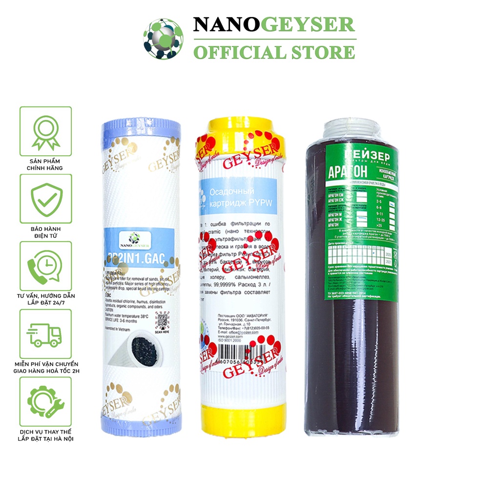 Bộ 3 lõi lọc nước 123 dùng cho các dòng máy NANO, Lõi PP.2IN1.GAC, Cation, Aragon Nano Geyser