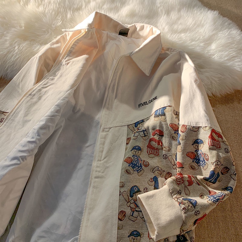 Áo khoác bóng chày cổ bẻ dáng rộng in hình gấu kiểu retro thời trang xuân thu cho nam