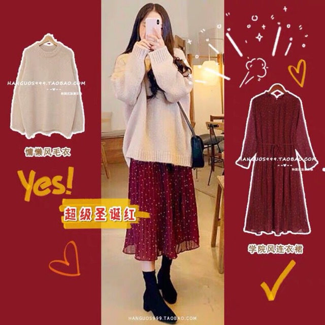 Set áo len váy chấm bi