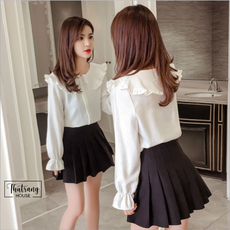 Áo sơ mi nữ trắng dài tay cổ bèo thời trang công sở thời trang thanh lịch phong cách Hàn Quốc | BigBuy360 - bigbuy360.vn