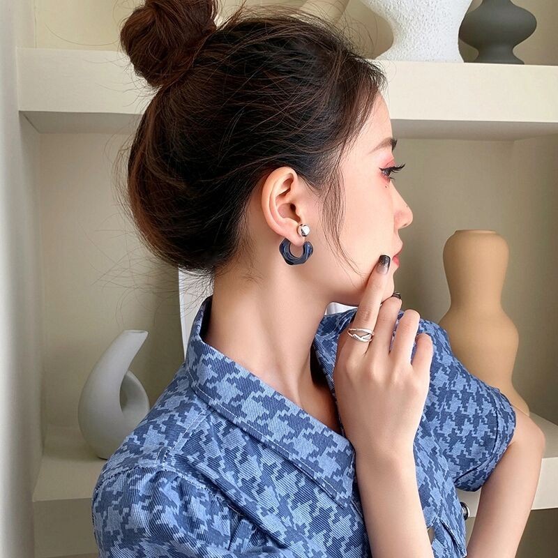 Bông Tai Bạc 925 Hình Chữ C Trong Suốt Phong Cách Retro C379