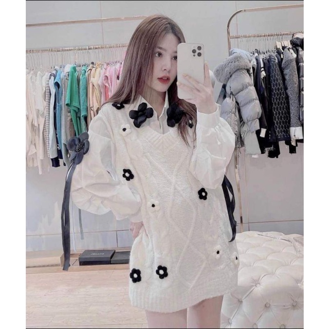 Áo gile mix sơ mi hoa