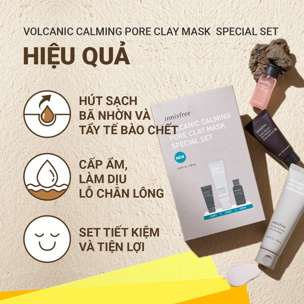 Bộ sản phẩm se khít lỗ chân lông đá tro núi lửa innisfree Volcanic Calming Pore Clay Mask Special Set