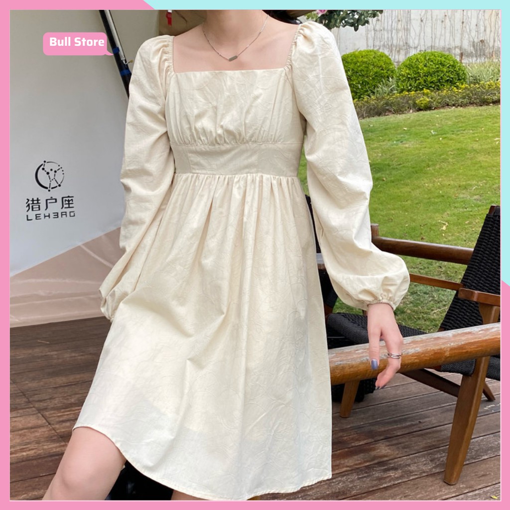 Đầm Babydoll Váy Trắng ulzzang cổ vuông đi biển dài dáng suông đẹp nữ dài qua gối thiết kế tay bồng 73