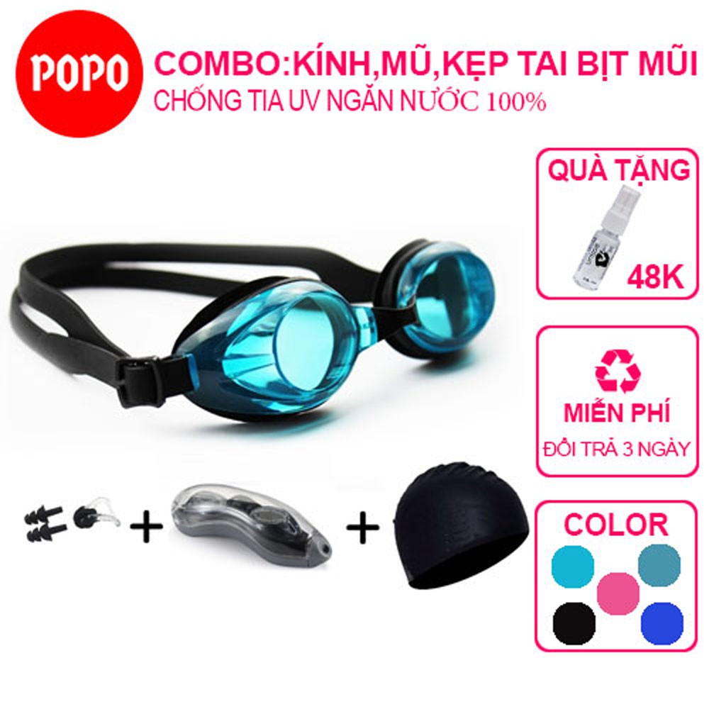Kính bơi người lớn Mũ bơi silicon kèm Bịt tai kẹp mũi POPO 1153 mắt kính trong chống tia UV, hạn chế sương mờ