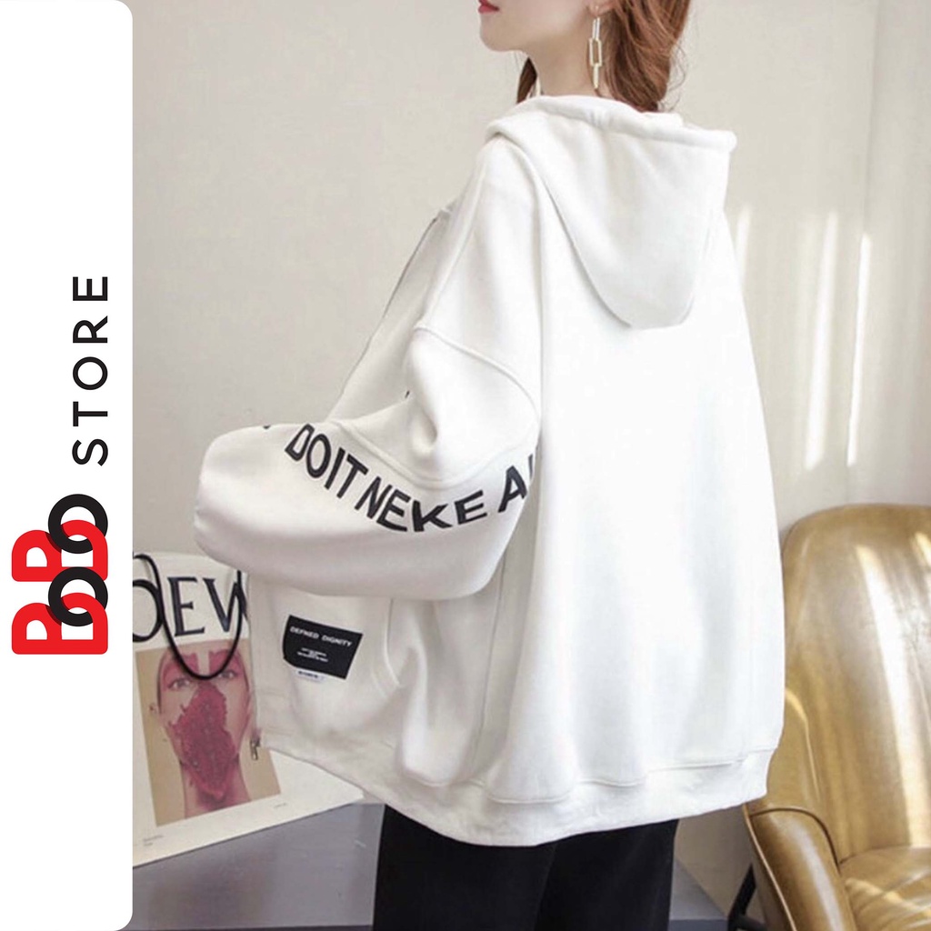 Áo khoác nỉ ngoại NHJE có in chữ dọc theo tay áo khóa zip form rộng dành cho nữ nam - BoBo Store