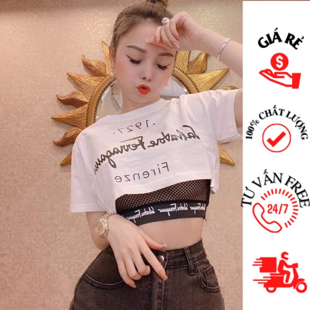 set Áo croptop TAY ngắn kèm áo 2 dây lướj trong Chất cotton đẹp VKV alohashop91