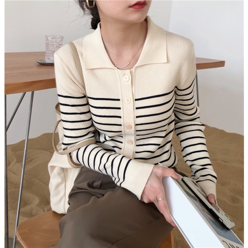 Áo sweater nữ cổ polo dáng ôm họa tiết kẻ sọc dễ phối đồ phong cách Hàn Quốc thời trang