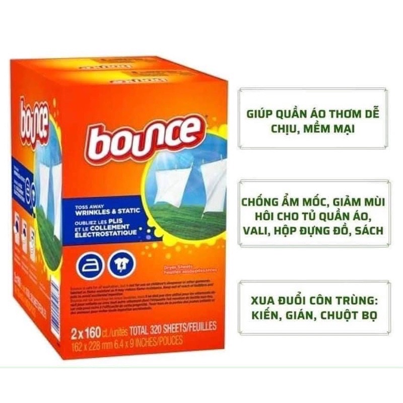 Giấy thơm quần áo Bounce Mỹ nguyên set 320 tờ( có tách bán lẻ 1 hộp 160 tờ)