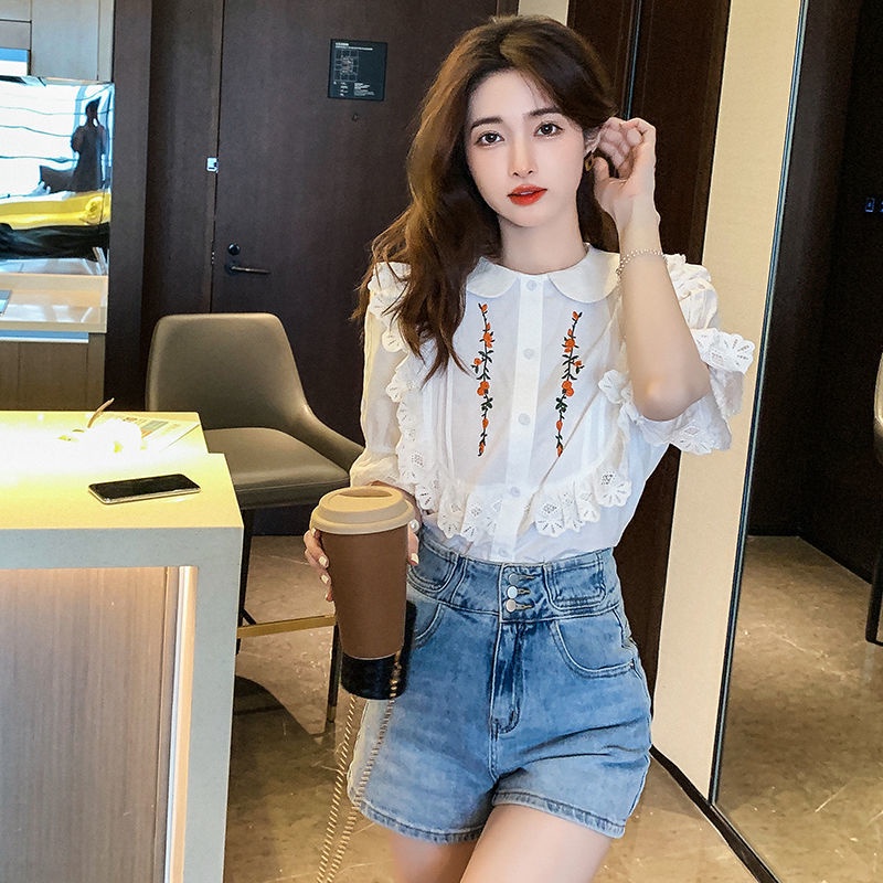 Áo Kiểu Tay Phồng Ngắn Phối Ren Thêu Họa Tiết Thời Trang Mùa Hè Cho Nữ