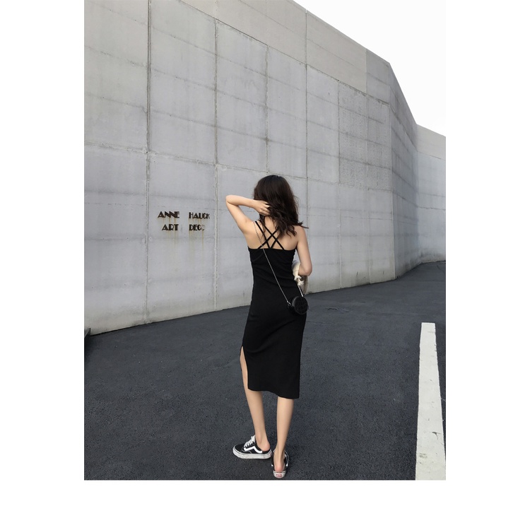 DUNEA Đầm Sát Nách Hở Lưng Màu Trơn Thiết Kế Xẻ Quyến Rũ