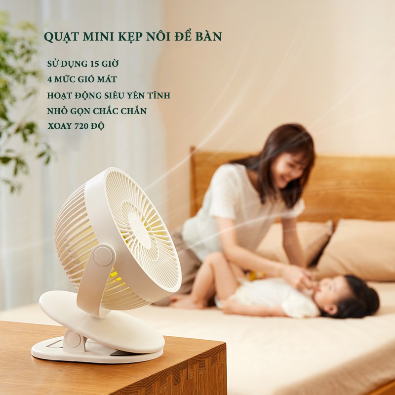 Quạt mini kẹp nôi để bàn kẹp bàn Jisulife FA18, quạt kẹp nôi em bé sạc pin tiện lợi, dung lượng 4000mAh, hoạt động êm ái