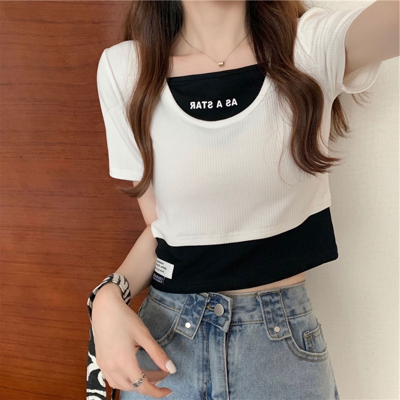 Áo thun ZHELIHANGFEI tay ngắn giả hai lớp thời trang trẻ trung