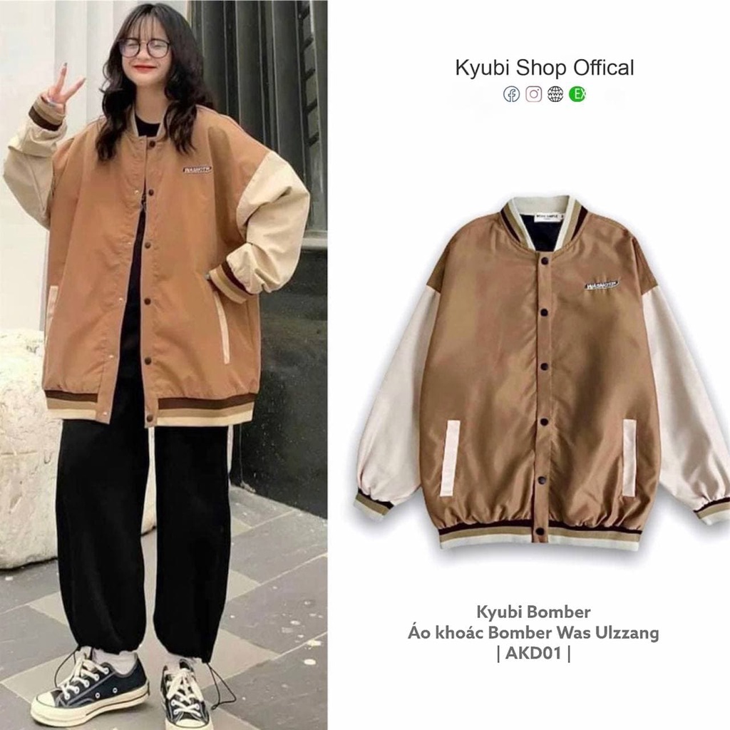 Áo khoác bomber WAS 2 màu unisex ulzzang form rộng - Áo bomber bóng chày Kyubi AKD01