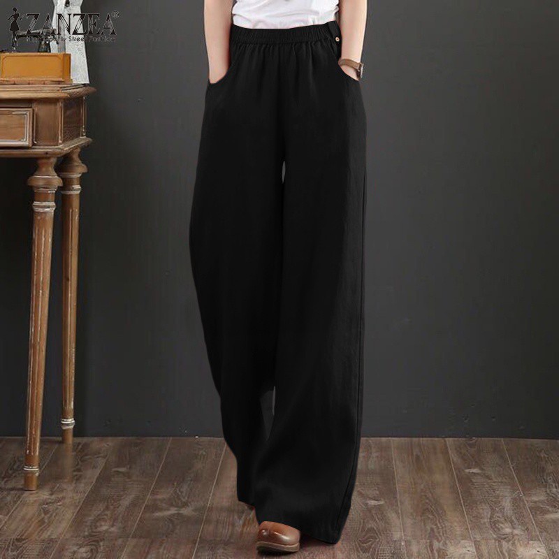 Quần ZANZEA cotton eo co giãn màu trơn ống rộng thời trang đơn giản thanh lịch cho nữ