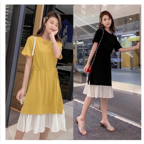 Đầm Bầu Váy Bầu Thun Cotton Dáng Suông Xòe Mùa Hè Tay Ngắn Vải Mát chân kẻ dập ly