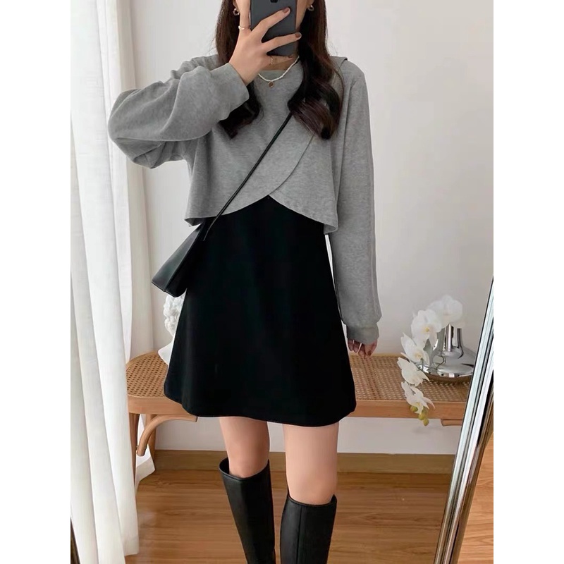 Taobao có sẵn - Set váy ba lỗ kèm áo croptop tay dài 3 màu