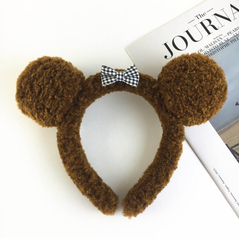 Băng Đô Cài Tóc Hình Tai Gấu Bông Họa Tiết Sọc Caro