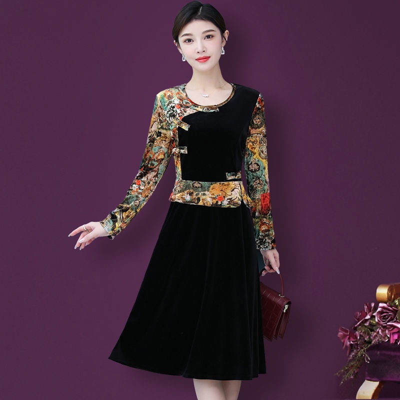 Đầm Nhung Dài Tay Phối Khóa Cài Thời Trang Cho Phụ Nữ Trung Niên