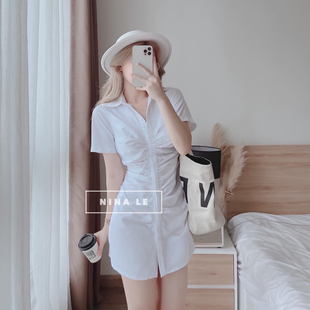 [Ảnh thật/Sẵn] Đầm - Váy sơ mi chất thô cổ đức nhún thân dáng ngắn giấu quần