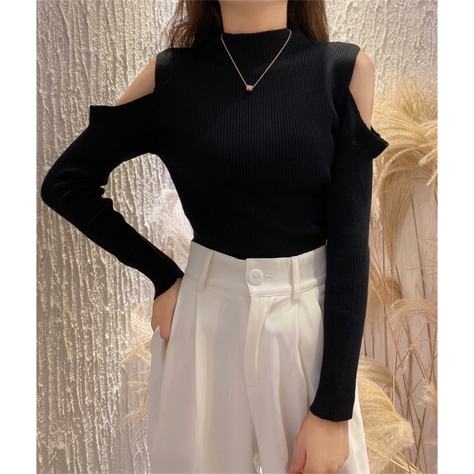 SUXI Áo kiểu dệt kim hở vai ôm dáng vừa vặn thời trang mùa thu mới dành cho nữ