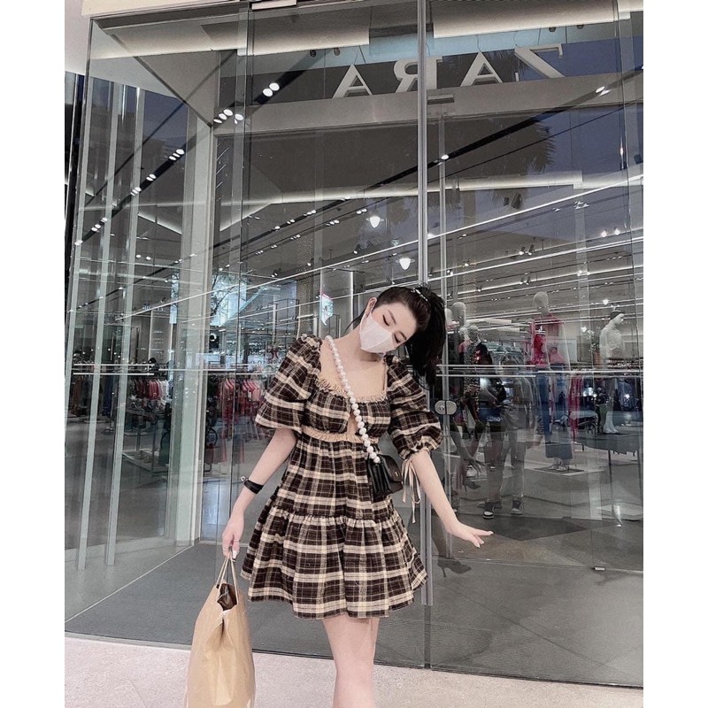 [Siêu hot] Váy Nữ Kẻ Nâu Chun Éo Dáng Xoè, Đầm Nữ Dáng Babydoll Cổ Vuông Có Ảnh Thật Kèm Video | BigBuy360 - bigbuy360.vn