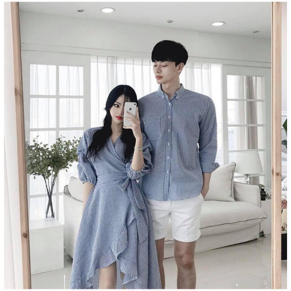 Áo đôi nam nữ đẹp [FREESHIP] Set Váy nữ sơ mi nam đôi Hàn Quốc Couple AV28