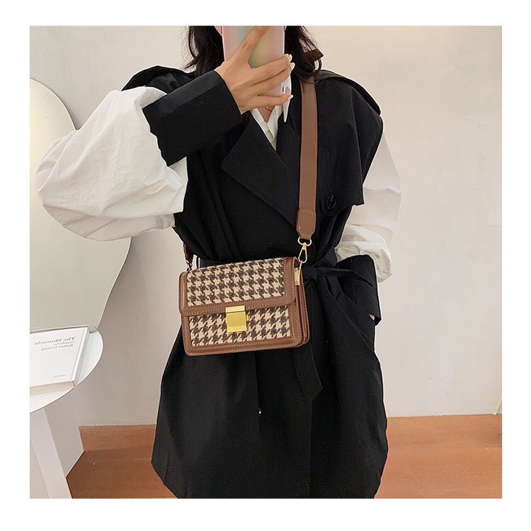 Túi xách nữ hộp vuông phối dạ kẻ sz 18, túi đeo chéo thời trang phong cách Hàn Quốc
