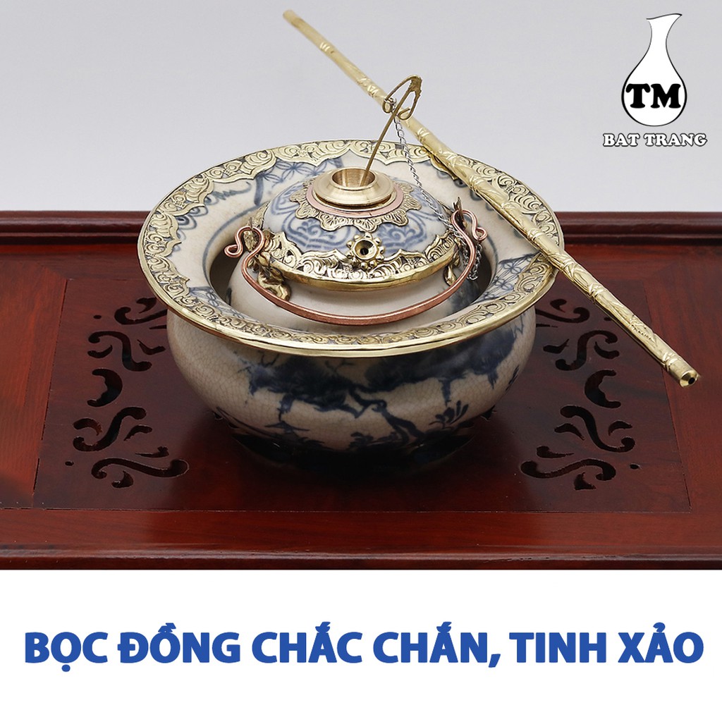 Điêu bát men rạn cổ bọc đồng vẽ phong cảnh gốm sứ Bát Tràng (dieu hut thuoc lao)