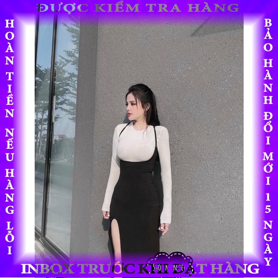 Set Yếm Dài Xẻ Đùi Phối Áo Thun Tay Dài Hàng VNXK Thích Hợp Mặc Đi Làm Đi Chơi dongthao
