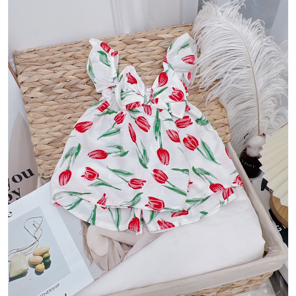 XẢ HÀNG Bộ cộc tay bé gái, bộ đũi áo cánh tiên hoa Tuylip nơ trước ngực cho bé