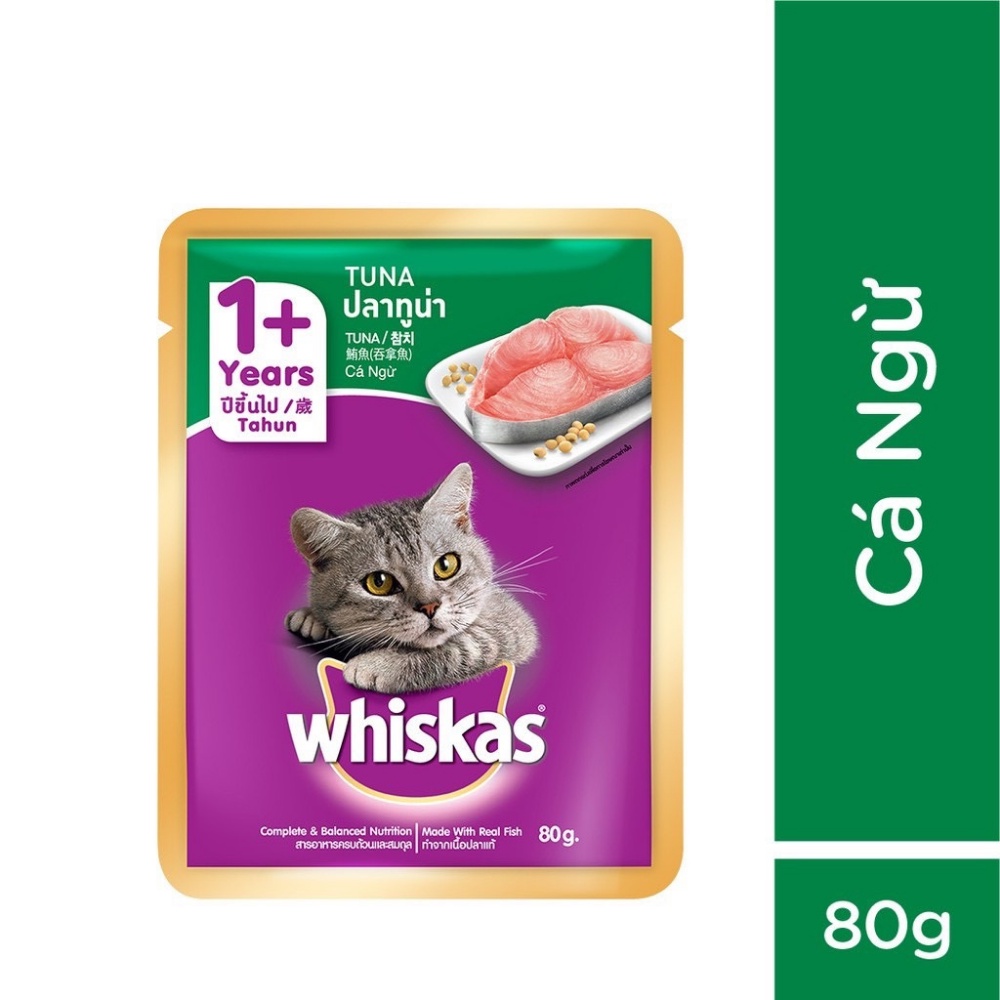 Combo thức ăn mèo lớn dạng hạt WHISKAS vị cá biển 1.2kg + Pate vị cá ngừ 80g (6 gói) + Pate vị cá thu 80g (6 gói)