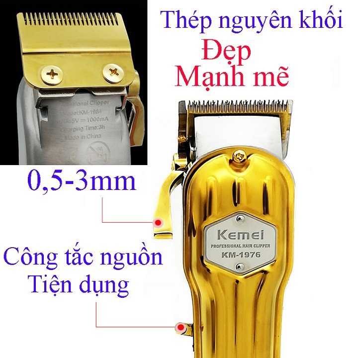 Tông đơ cắt tóc Kemei Km- 1977 sang trọng tinh tế công suất 8w sạc 3 giờ sử dụng 300 phút  bảo hành 1 năm