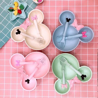 Khay ăn dặm Mickey lúa mạch kèm thìa dĩa cho bé