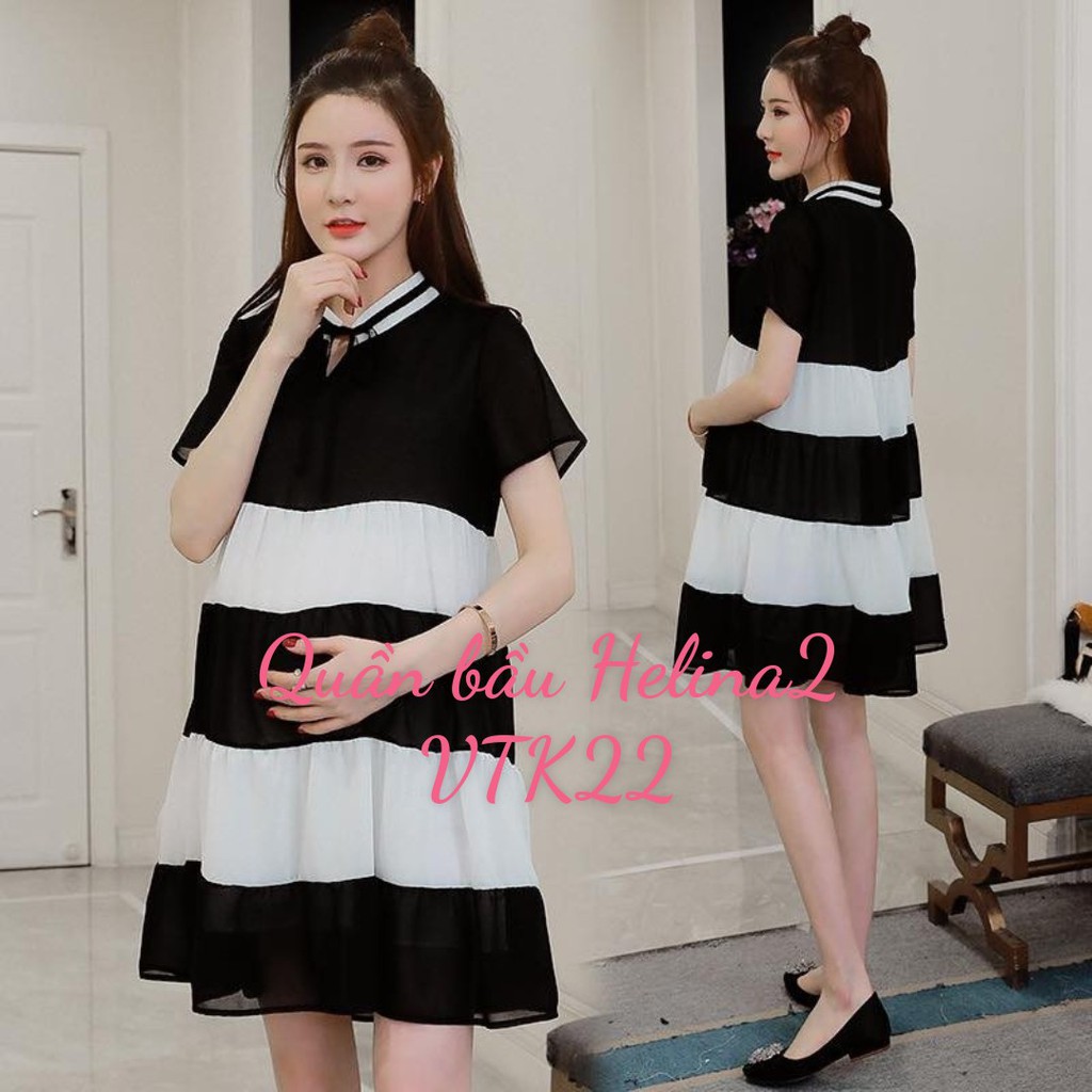 Váy bầu dáng suông VOAN LỤA  BABY DOLL phối đen trắng VTK22