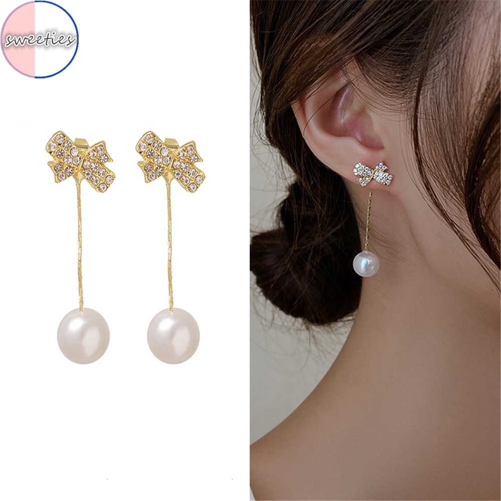 Bông tai dáng dài phối nơ đính ngọc trai thời trang sang trọng cho nữ