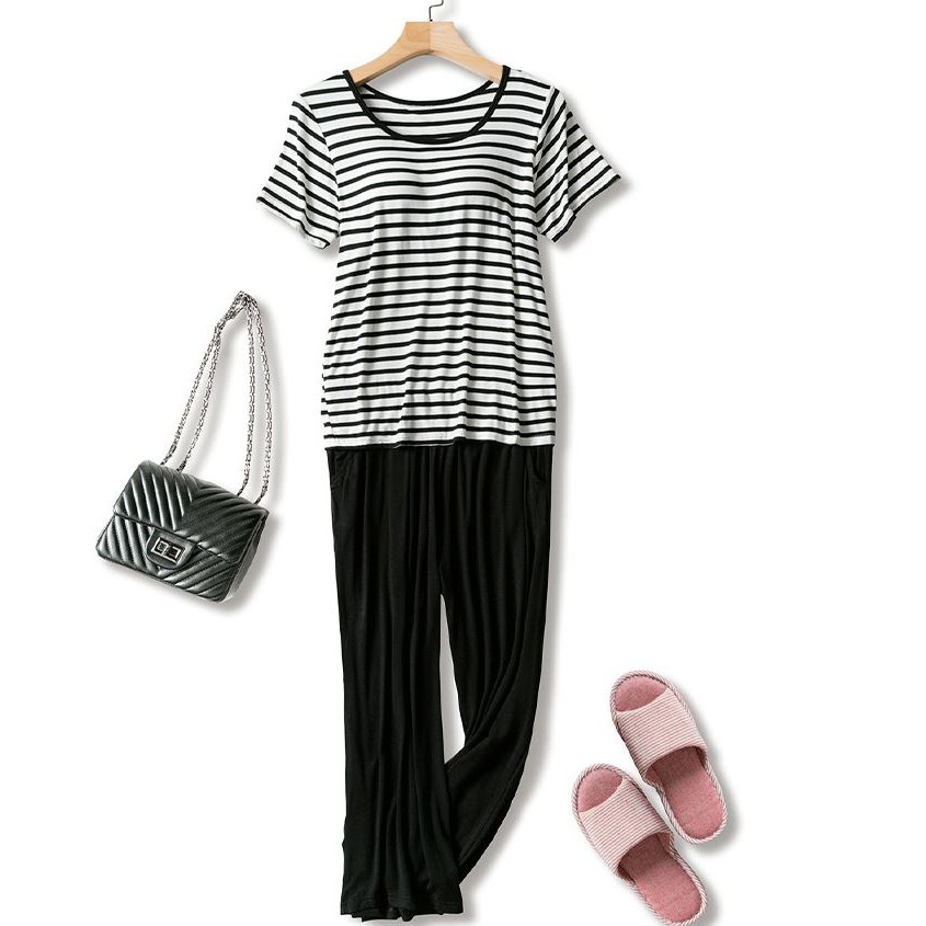 Bộ Mặc Nhà Có Đệm Ngực Vải Modal Kẻ Sọc Cao Cấp CT381