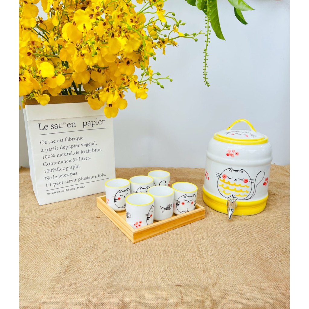 Bộ bình uống nước họa tiết ngộ nghĩnh vẽ tay Bát Tràng - Bình nước có vòi