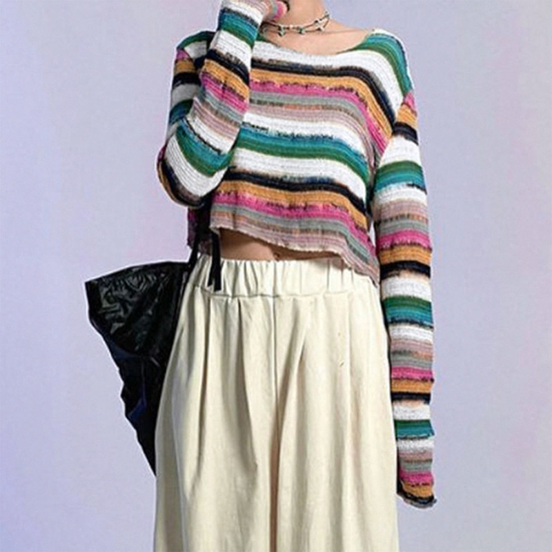 Áo Croptop Tay Dài Phối Vải Lưới Họa Tiết Kẻ Sọc Thời Trang Cho Nữ