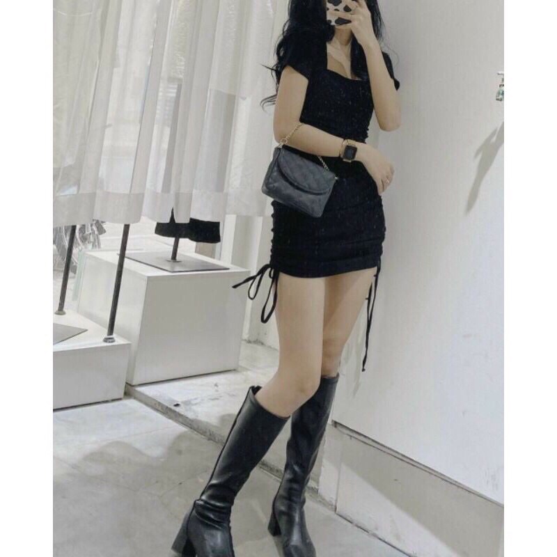 Đầm💕Váy nữ 💕 body ngắn tay cổ vuông rút eo siêu xinh hàng thiết kế by Chens