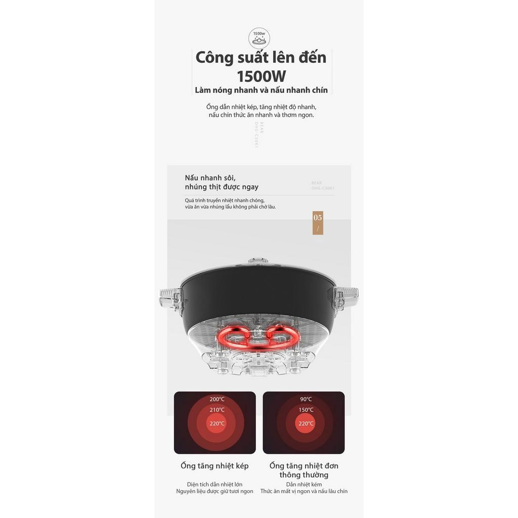 Nồi lẩu uyên ương Bear 5L DHG C50K1, Công suất 1500W, 2 ngăn tiện lợi công suất mạnh đa năng, Hàng Chính Hãng,BH 18 Th