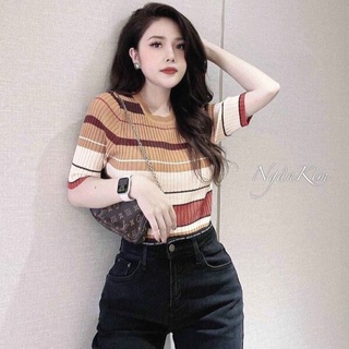 Áo montoghi kẻ cổ tròn pha màu nhiều màu sắc