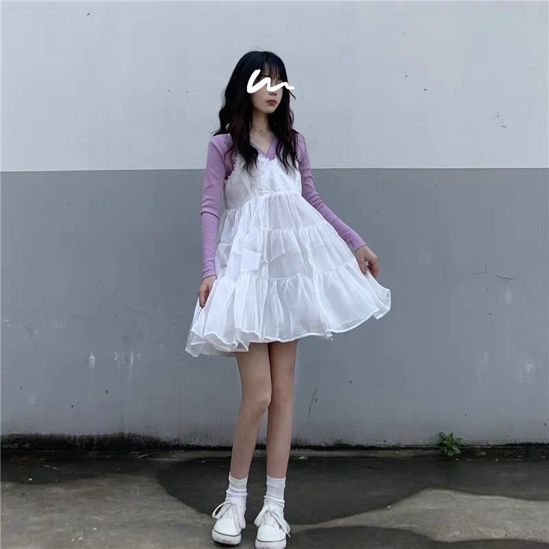 [Có ảnh thật]Đầm babydoll 2 dây đáng yêu Lila Dress+áo đen/áo kem dài tay phong cách ulzzang Hàn Quốc SAM SAM BOUTIQUE | BigBuy360 - bigbuy360.vn